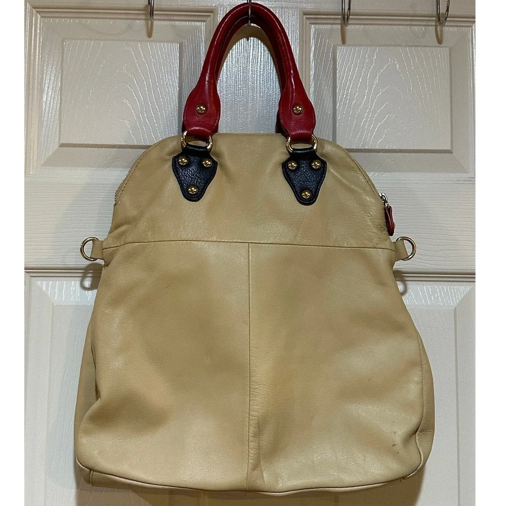 Emma Fox Leather Colorblock Satchel Backpack Beige Black Red Gold Turn Lock